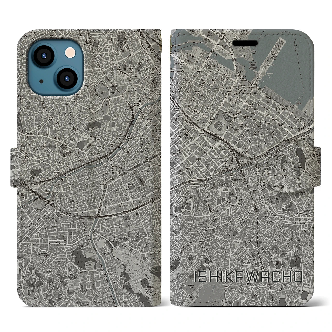 【石川町(神奈川県)】地図柄iPhoneケース(手帳タイプ)モノトーン・iPhone 13 用