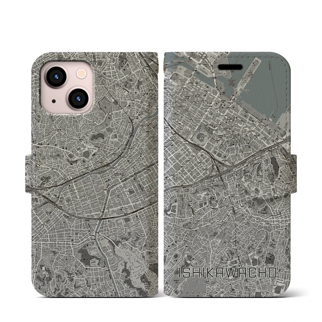 【石川町(神奈川県)】地図柄iPhoneケース(手帳タイプ)モノトーン・iPhone 13 mini 用