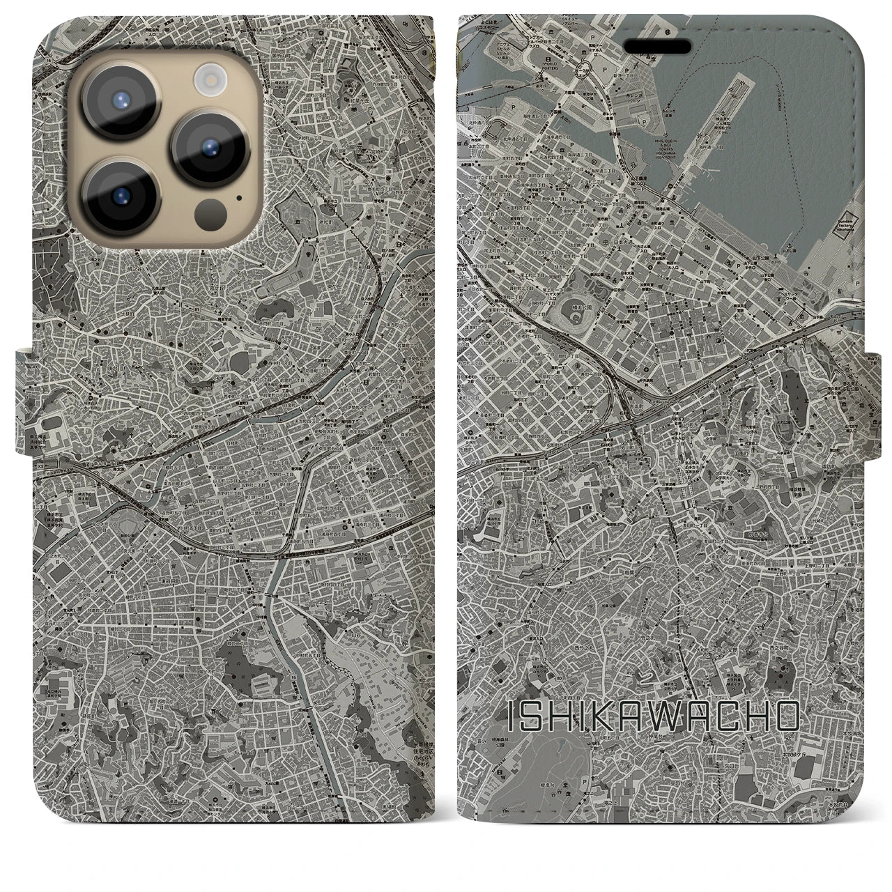 【石川町(神奈川県)】地図柄iPhoneケース(手帳タイプ)モノトーン・iPhone 14 Pro Max 用