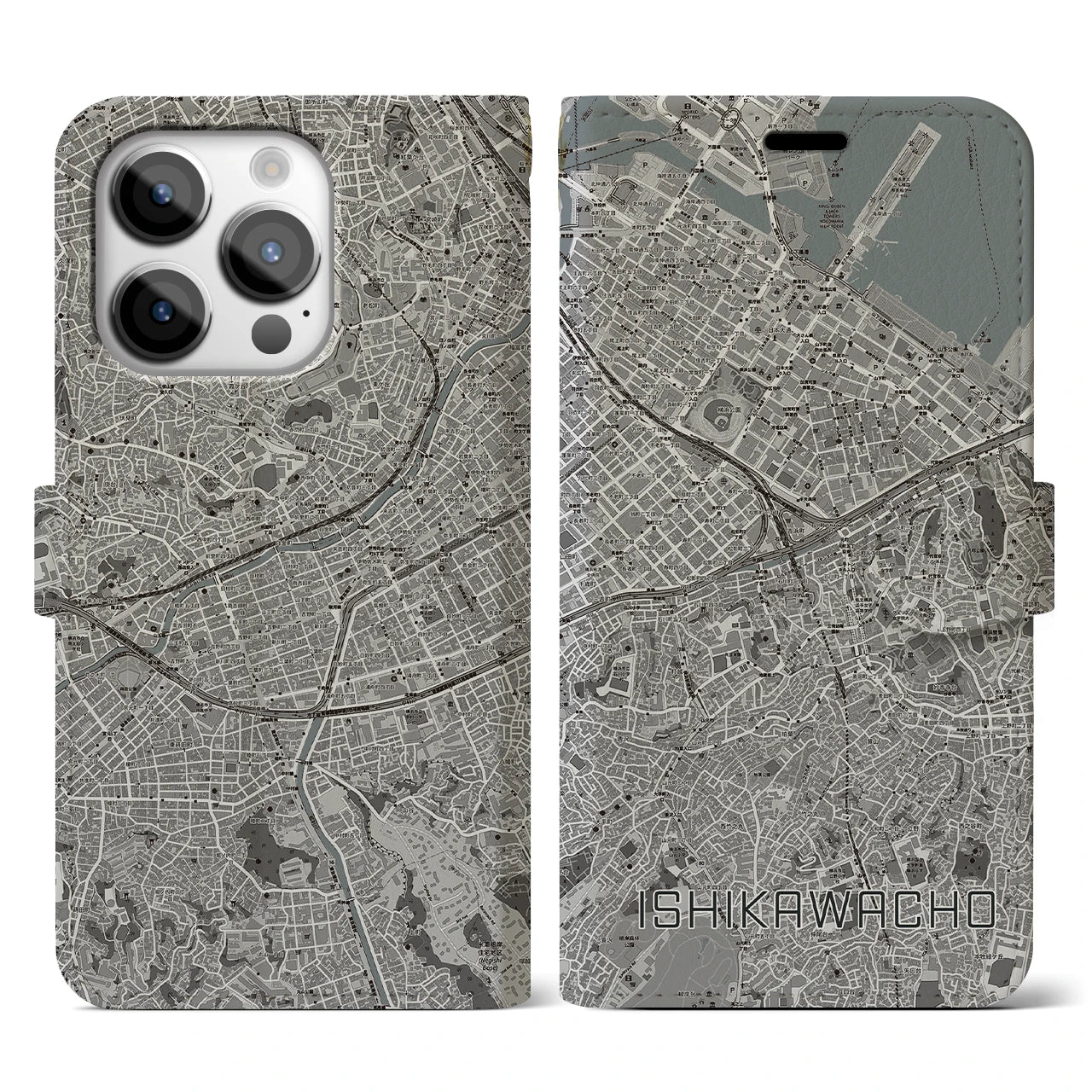 【石川町(神奈川県)】地図柄iPhoneケース(手帳タイプ)モノトーン・iPhone 14 Pro 用