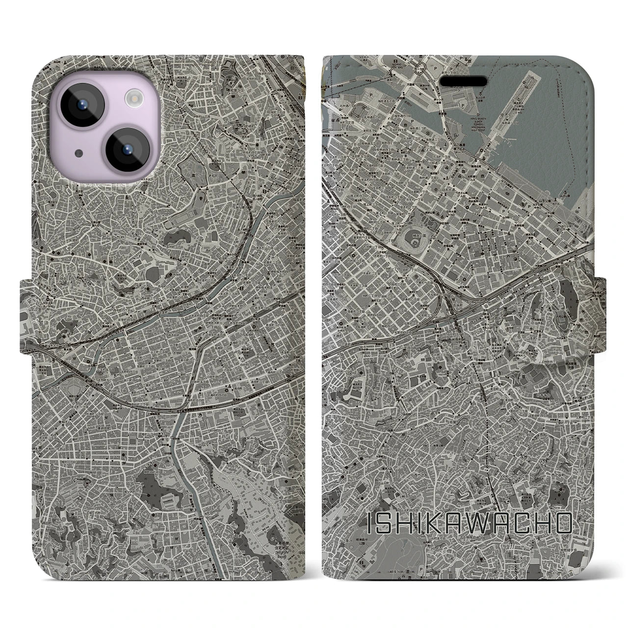 【石川町(神奈川県)】地図柄iPhoneケース(手帳タイプ)モノトーン・iPhone 14 用