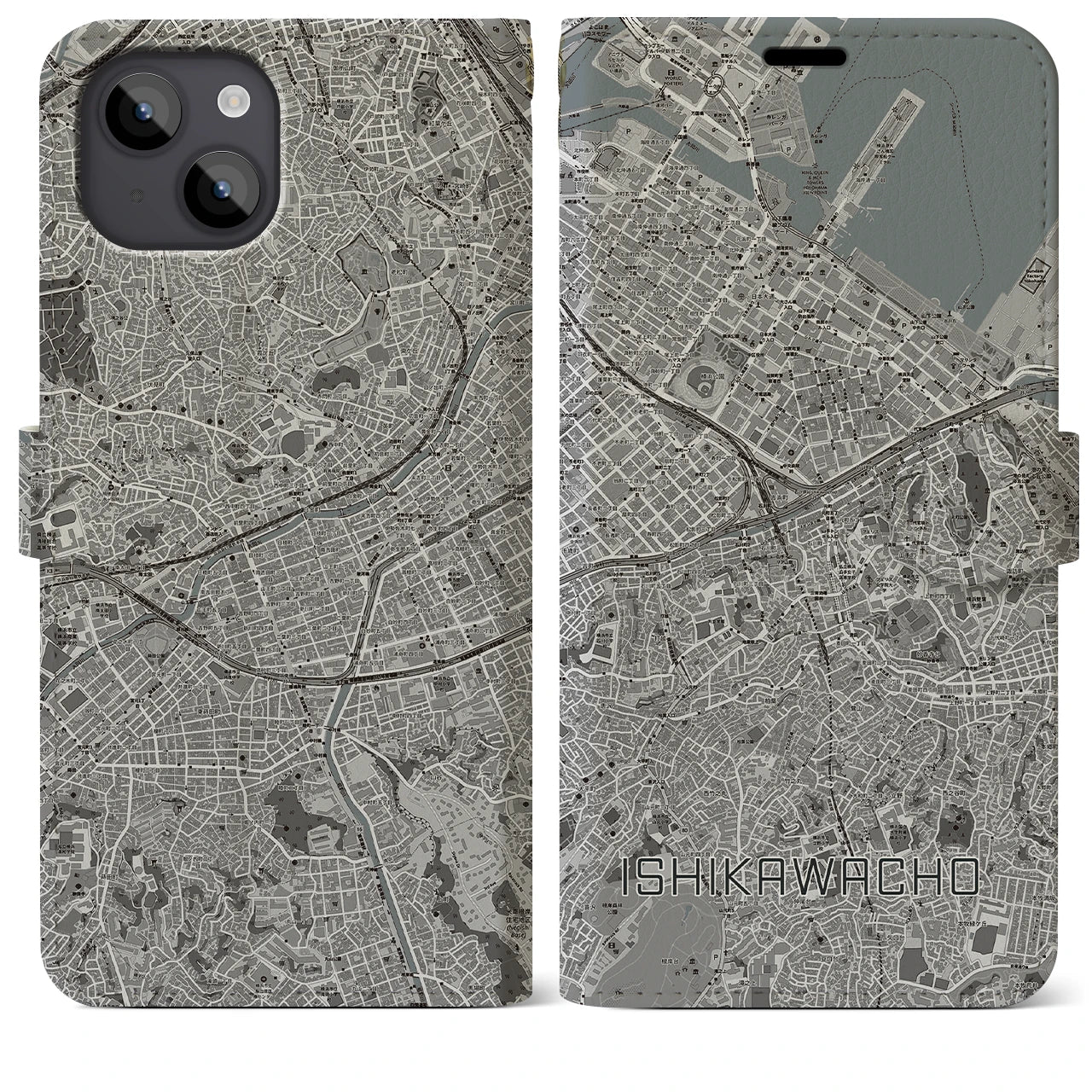 【石川町(神奈川県)】地図柄iPhoneケース(手帳タイプ)モノトーン・iPhone 14 Plus 用