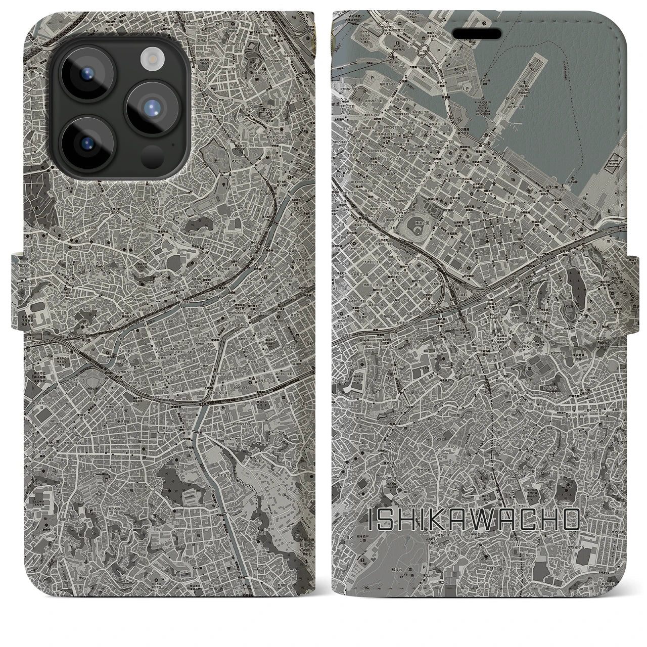 【石川町(神奈川県)】地図柄iPhoneケース(手帳タイプ)モノトーン・iPhone 15 Pro Max 用