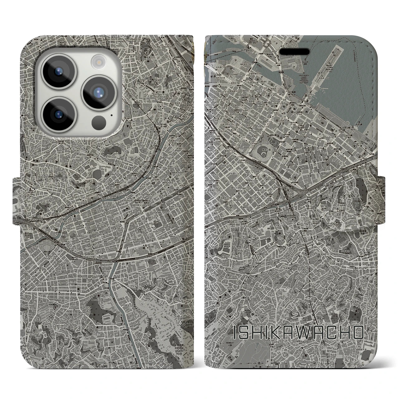 【石川町(神奈川県)】地図柄iPhoneケース(手帳タイプ)モノトーン・iPhone 15 Pro 用
