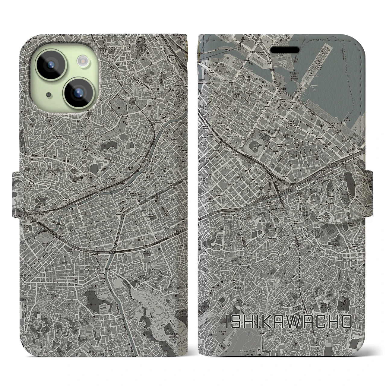 【石川町(神奈川県)】地図柄iPhoneケース(手帳タイプ)モノトーン・iPhone 15 用