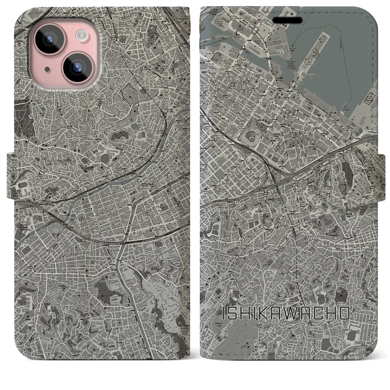 【石川町(神奈川県)】地図柄iPhoneケース(手帳タイプ)モノトーン・iPhone 15 Plus 用