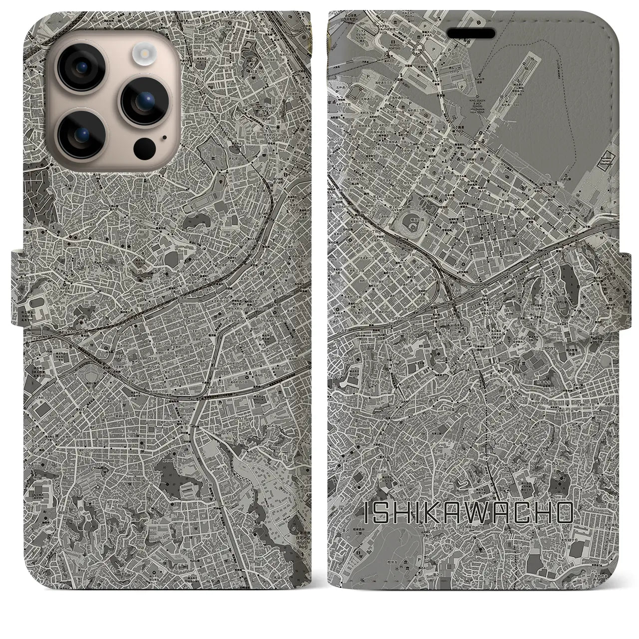 【石川町(神奈川県)】地図柄iPhoneケース(手帳タイプ)モノトーン・iPhone 16 Plus 用