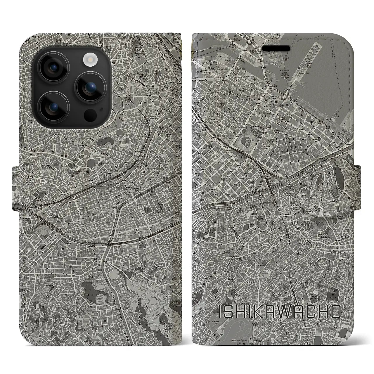 【石川町(神奈川県)】地図柄iPhoneケース(手帳タイプ)モノトーン・iPhone 16 用