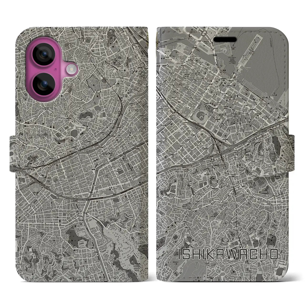 【石川町(神奈川県)】地図柄iPhoneケース(手帳タイプ)モノトーン・iPhone 16 Pro 用