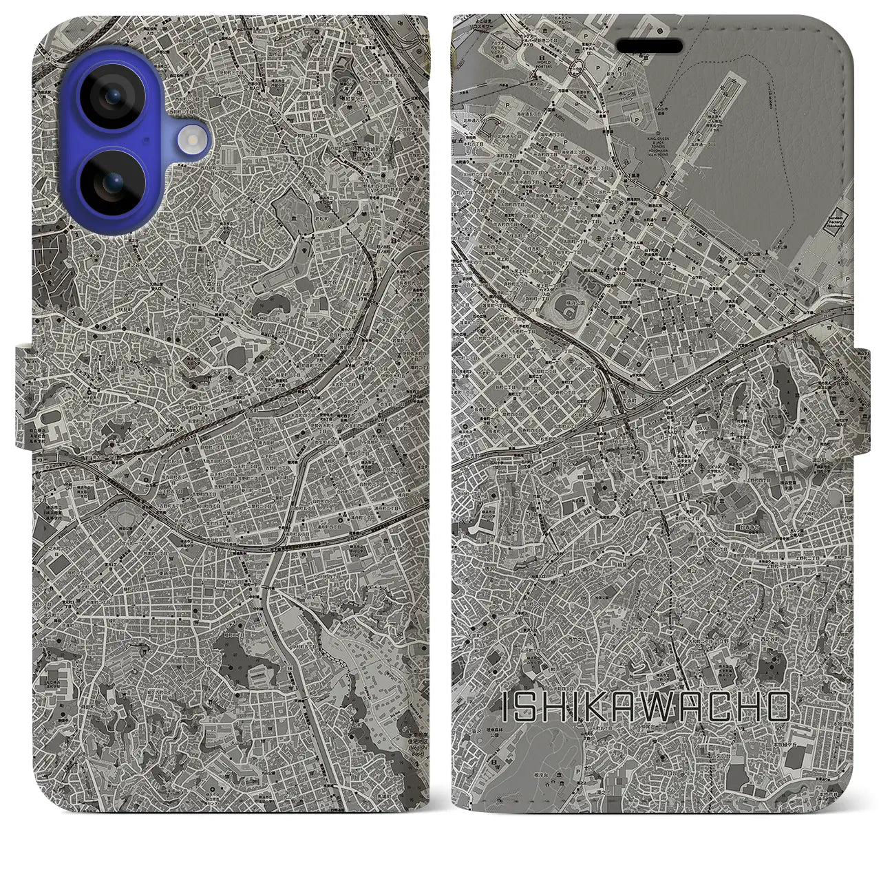【石川町(神奈川県)】地図柄iPhoneケース(手帳タイプ)モノトーン・iPhone 16 Pro Max 用