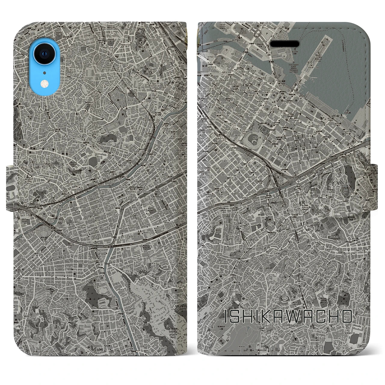 【石川町(神奈川県)】地図柄iPhoneケース(手帳タイプ)モノトーン・iPhone XR 用