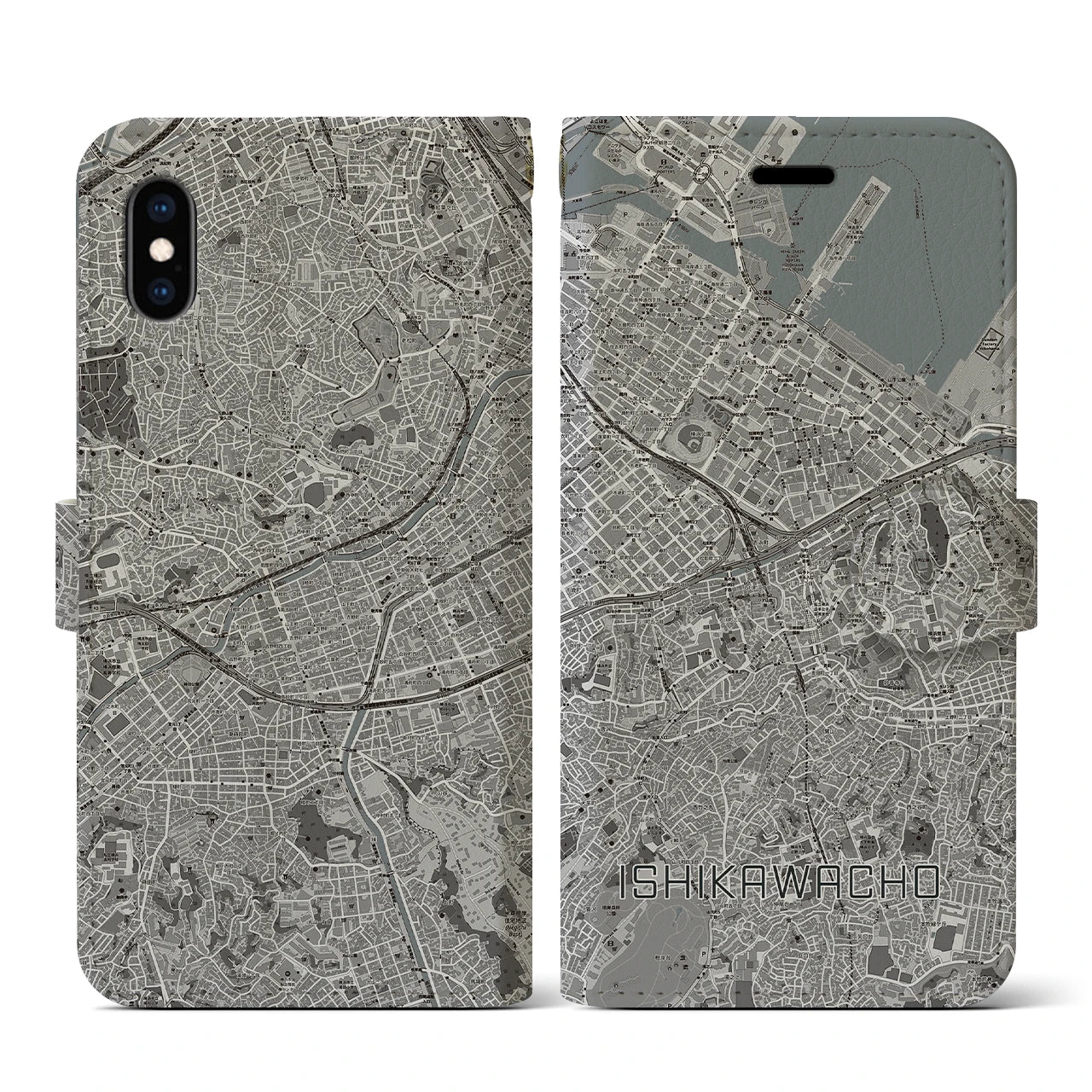 【石川町(神奈川県)】地図柄iPhoneケース(手帳タイプ)モノトーン・iPhone XS / X 用