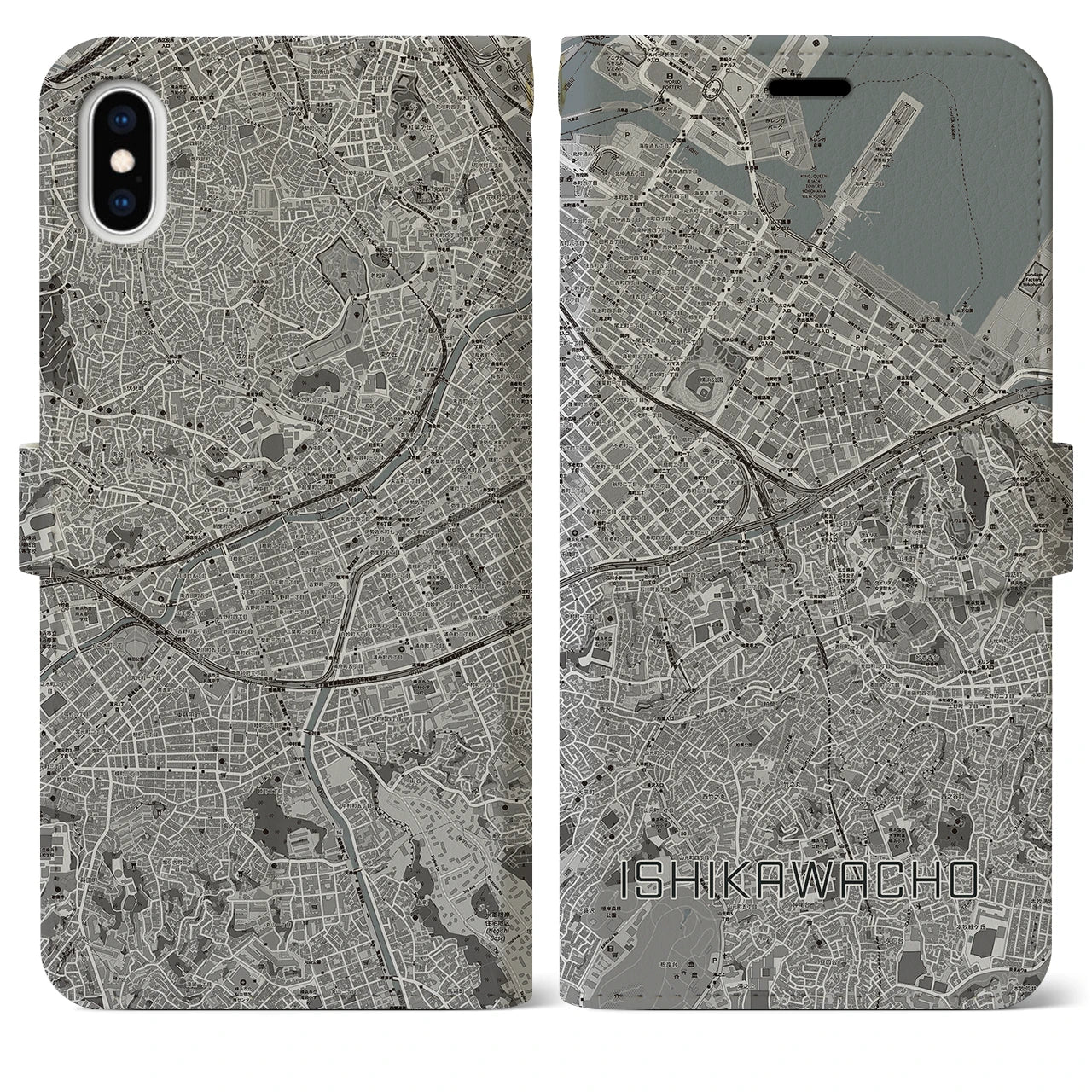 【石川町(神奈川県)】地図柄iPhoneケース(手帳タイプ)モノトーン・iPhone XS Max 用