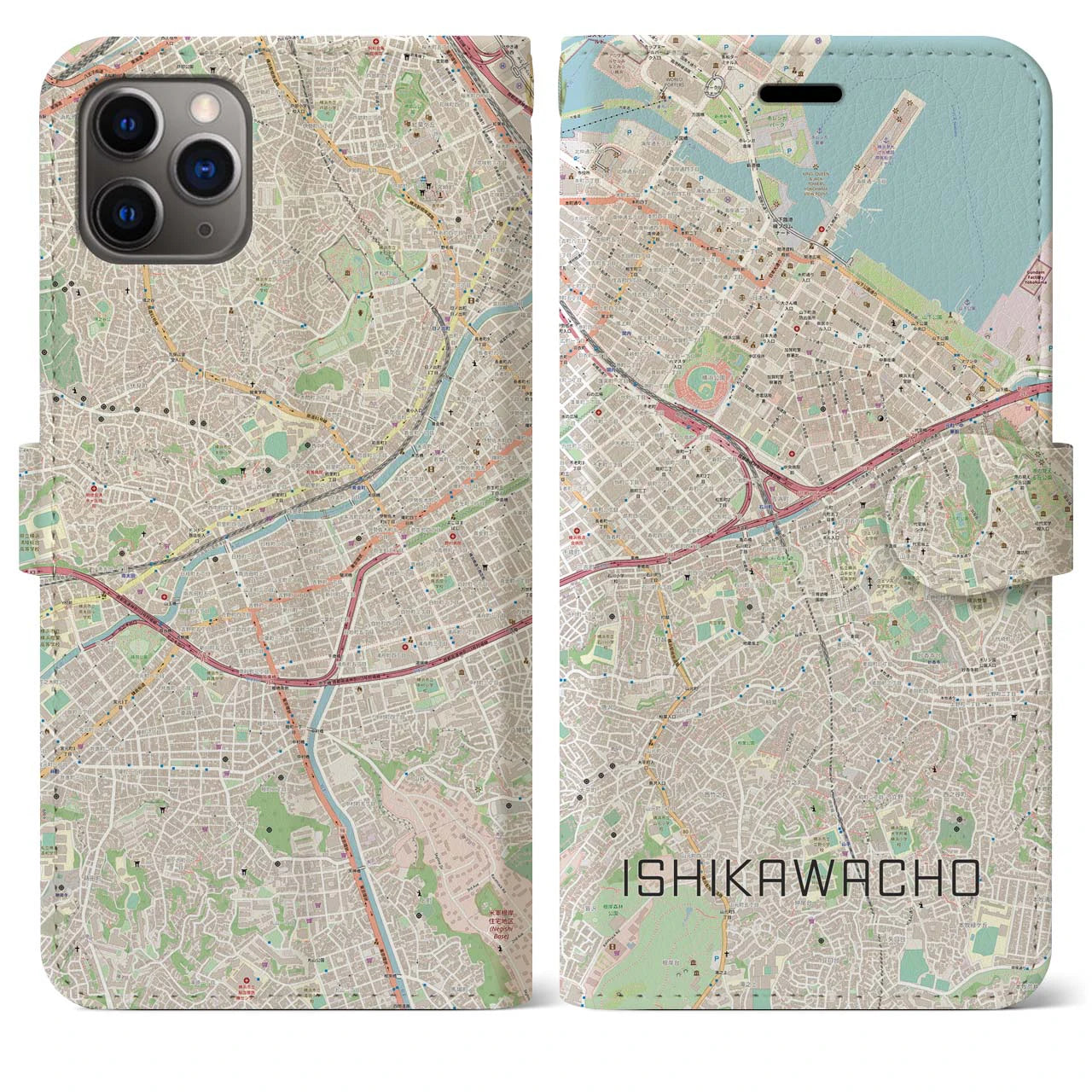 【石川町(神奈川県)】地図柄iPhoneケース(手帳タイプ)ナチュラル・iPhone 11 Pro Max 用