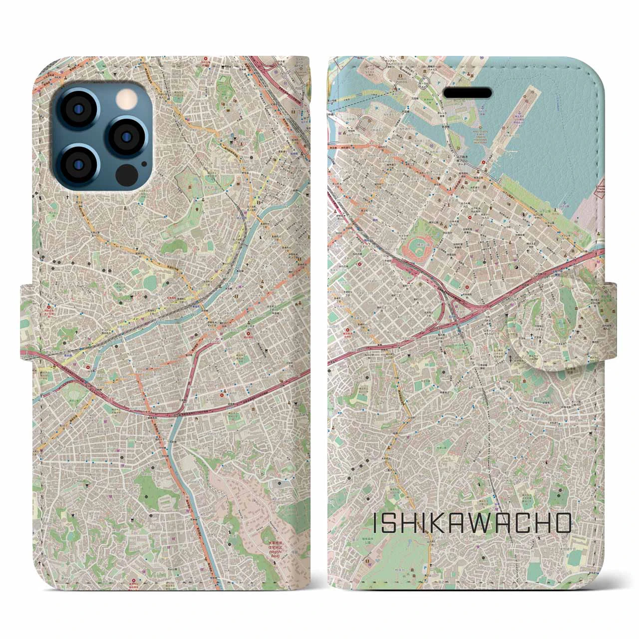【石川町(神奈川県)】地図柄iPhoneケース(手帳タイプ)ナチュラル・iPhone 12 / 12 Pro 用