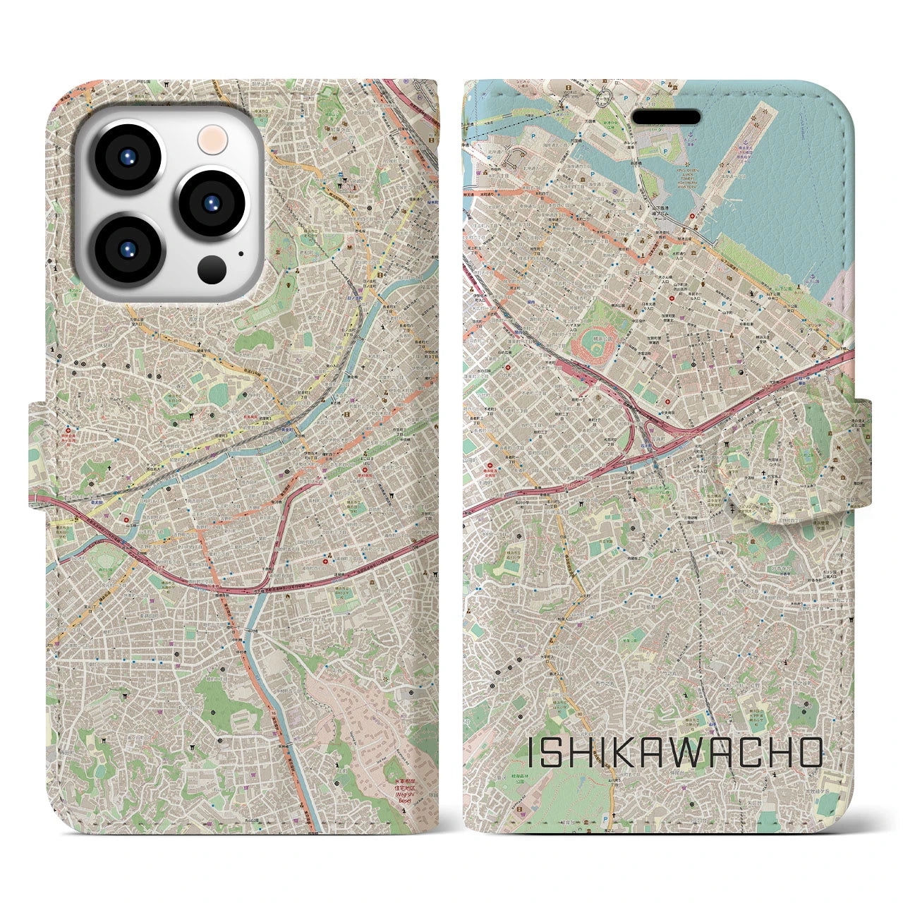 【石川町(神奈川県)】地図柄iPhoneケース(手帳タイプ)ナチュラル・iPhone 13 Pro 用