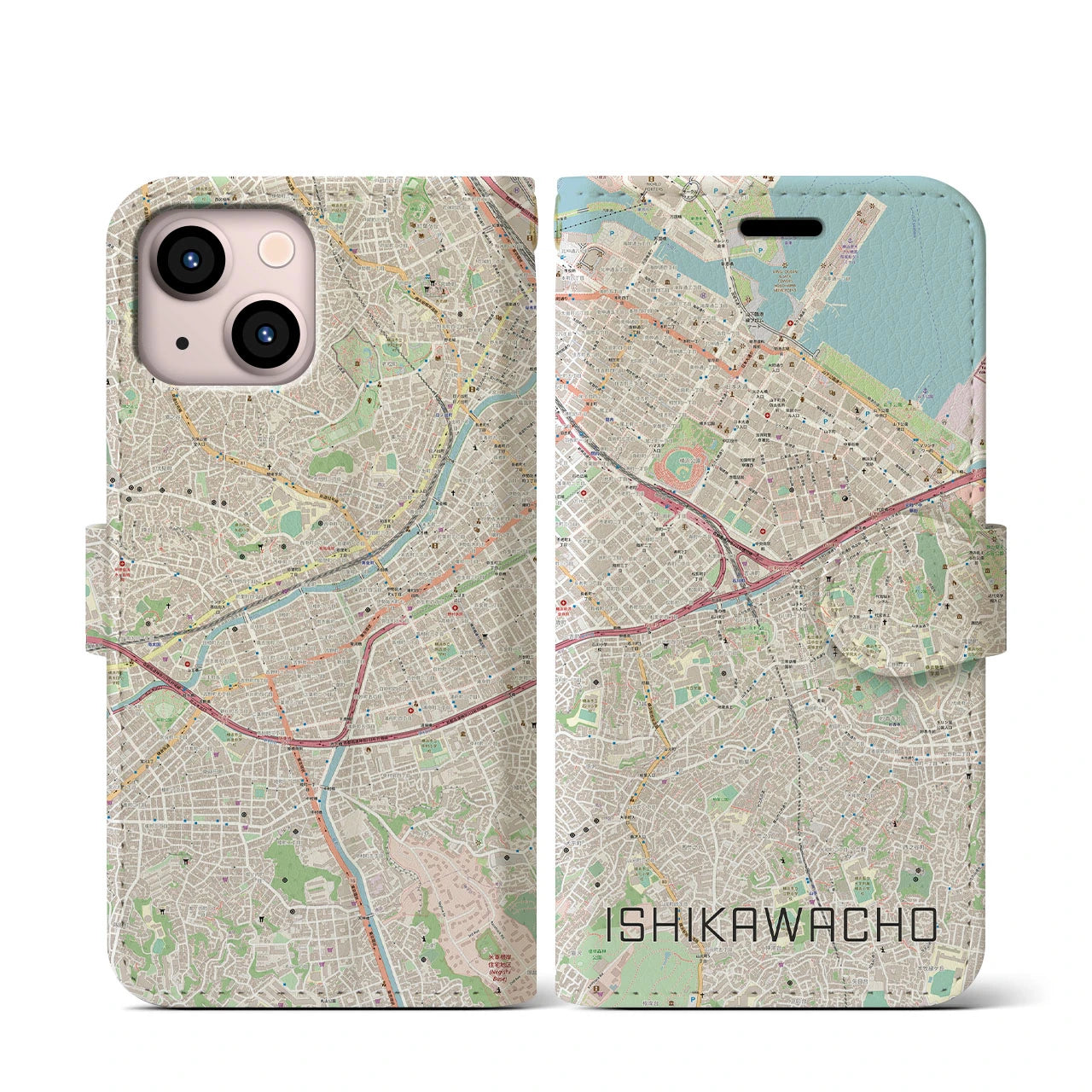【石川町(神奈川県)】地図柄iPhoneケース(手帳タイプ)ナチュラル・iPhone 13 mini 用