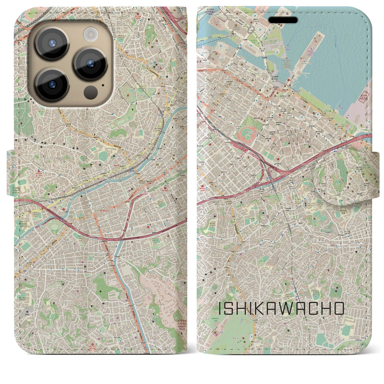 【石川町(神奈川県)】地図柄iPhoneケース(手帳タイプ)ナチュラル・iPhone 14 Pro Max 用