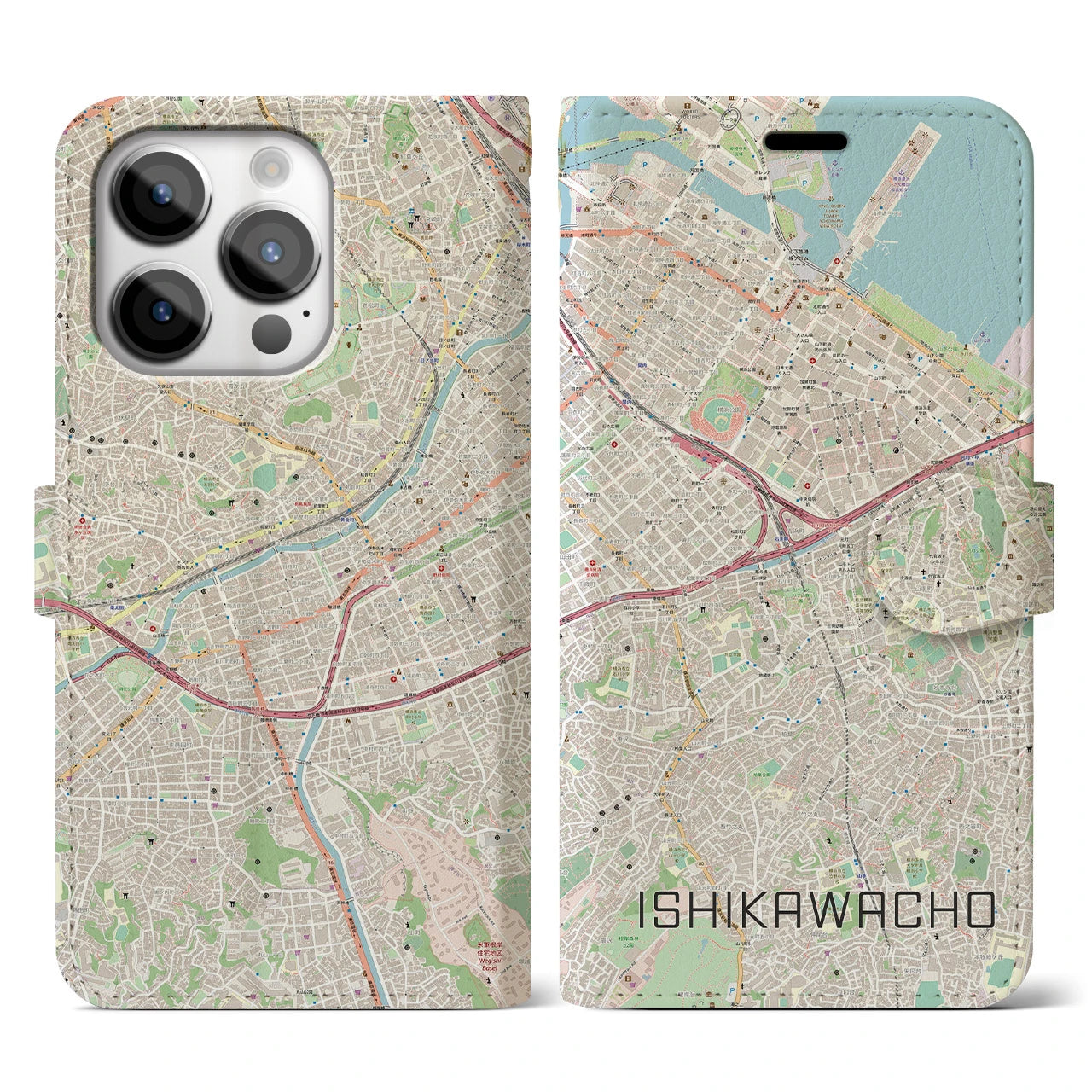 【石川町(神奈川県)】地図柄iPhoneケース(手帳タイプ)ナチュラル・iPhone 14 Pro 用