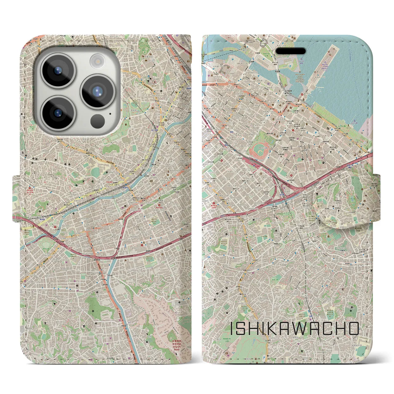 【石川町(神奈川県)】地図柄iPhoneケース(手帳タイプ)ナチュラル・iPhone 15 Pro 用