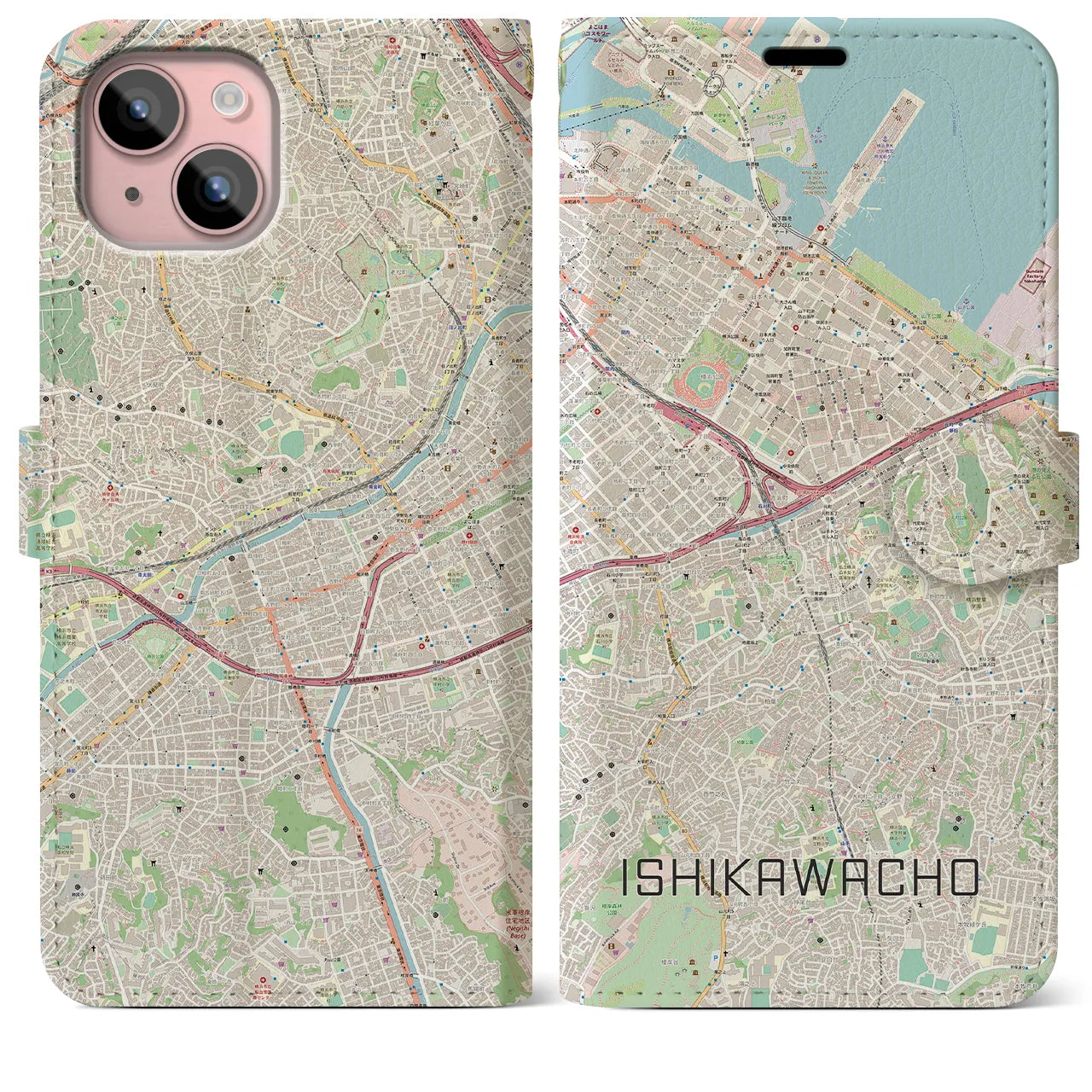 【石川町(神奈川県)】地図柄iPhoneケース(手帳タイプ)ナチュラル・iPhone 15 Plus 用