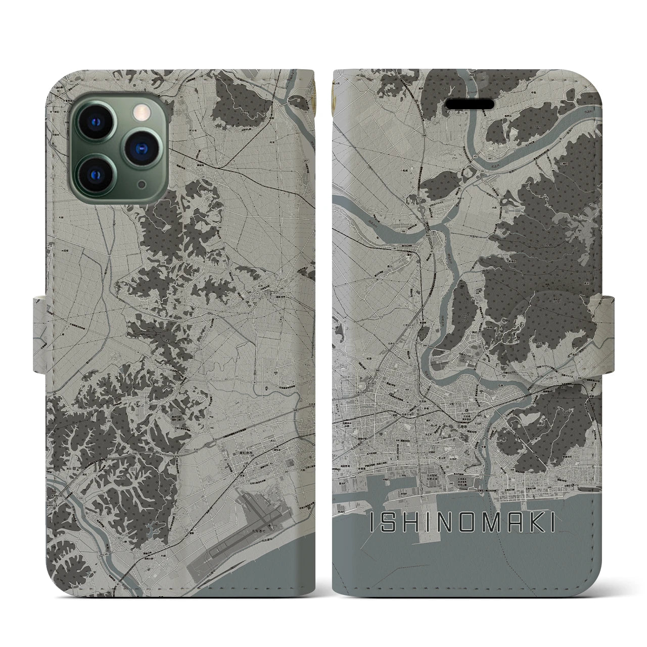 【石巻(宮城県)】地図柄iPhoneケース(手帳タイプ)モノトーン・iPhone 11 Pro 用