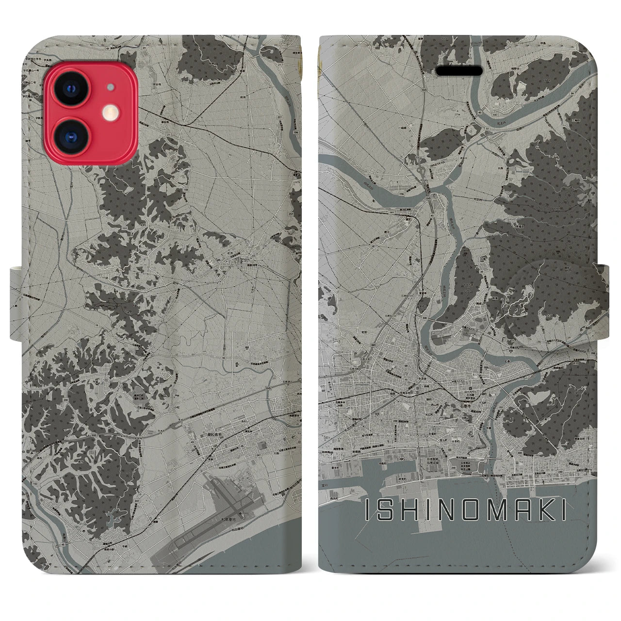 【石巻(宮城県)】地図柄iPhoneケース(手帳タイプ)モノトーン・iPhone 11 用