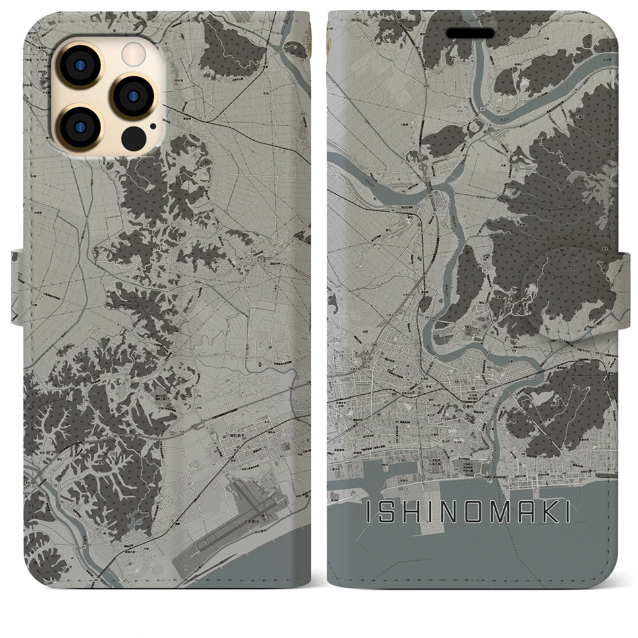 【石巻(宮城県)】地図柄iPhoneケース(手帳タイプ)モノトーン・iPhone 12 Pro Max 用