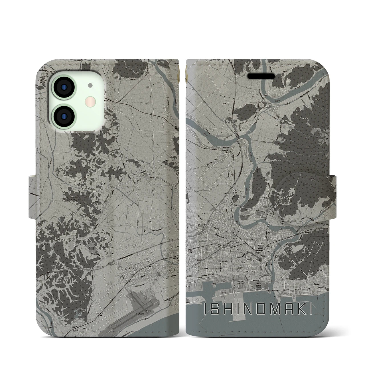 【石巻(宮城県)】地図柄iPhoneケース(手帳タイプ)モノトーン・iPhone 12 mini 用