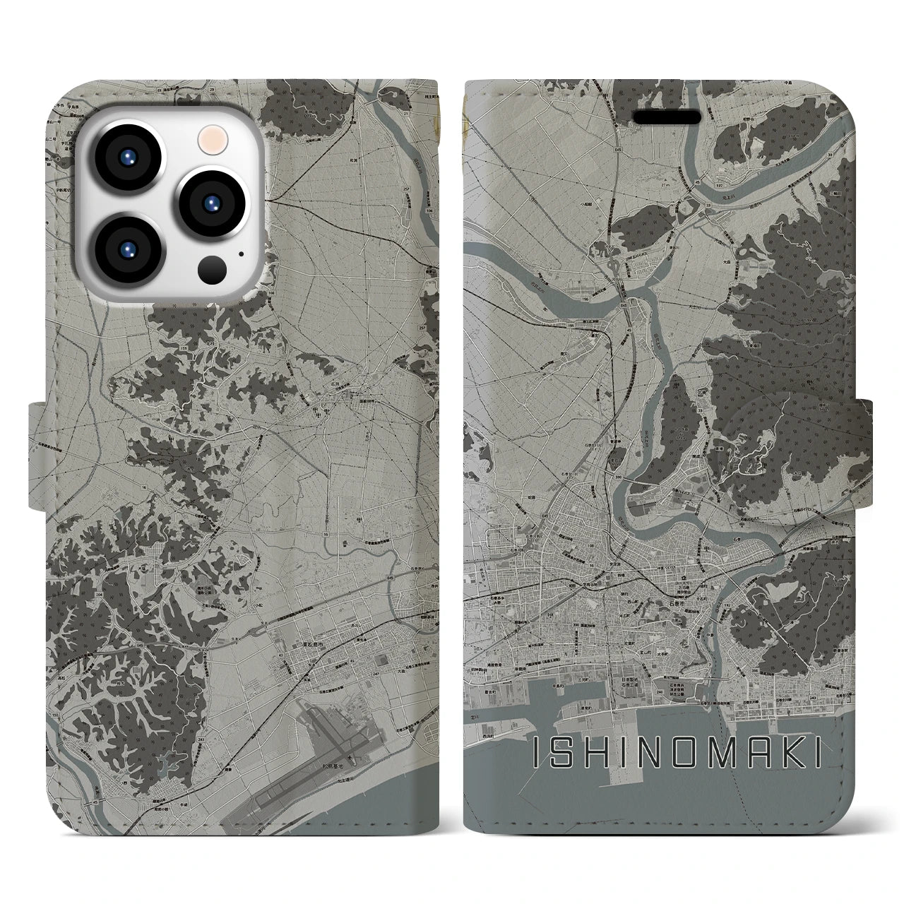 【石巻(宮城県)】地図柄iPhoneケース(手帳タイプ)モノトーン・iPhone 13 Pro 用