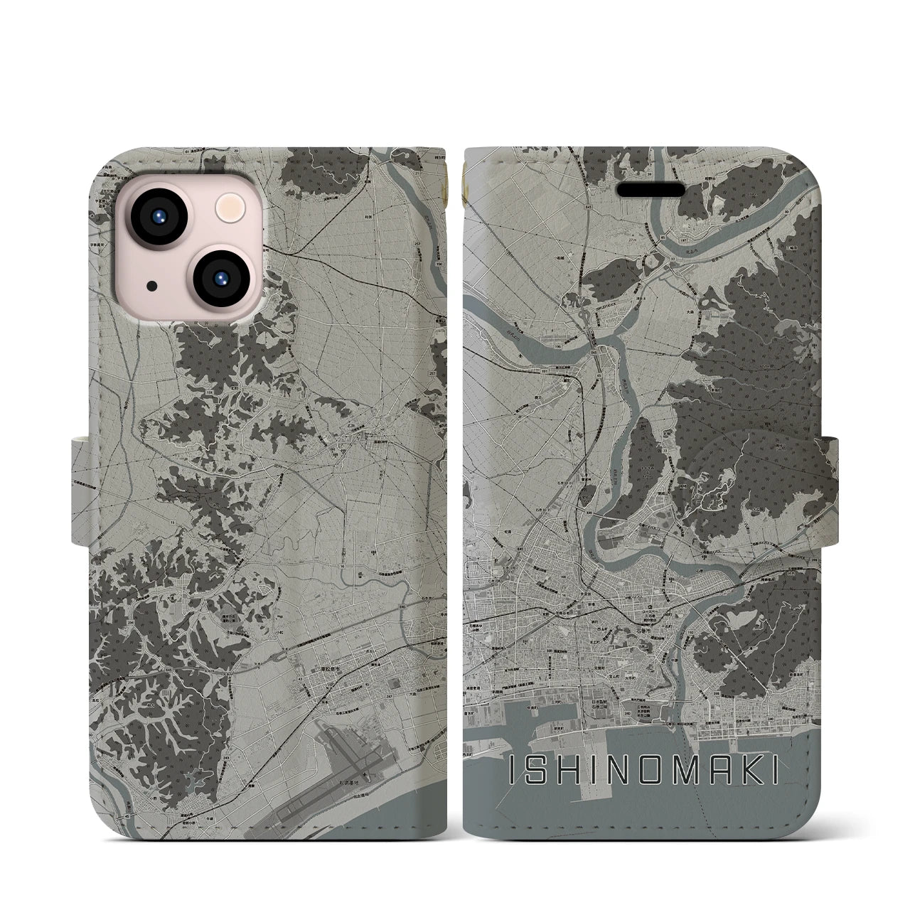 【石巻(宮城県)】地図柄iPhoneケース(手帳タイプ)モノトーン・iPhone 13 mini 用