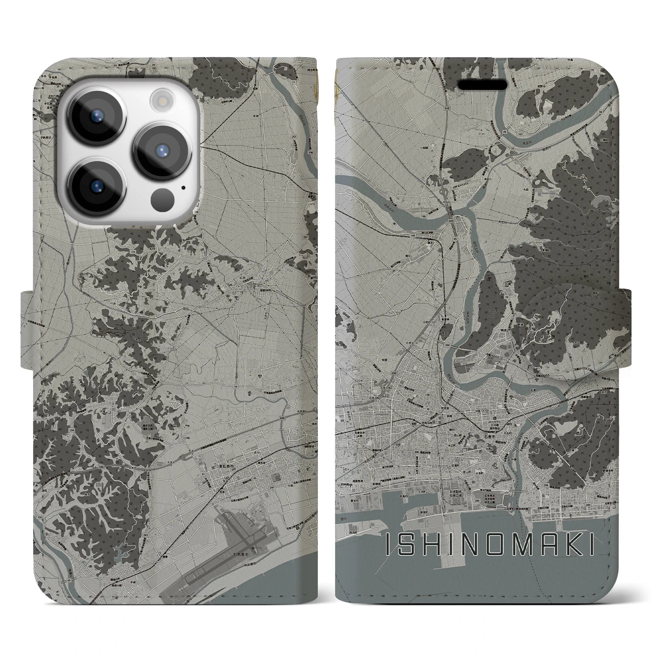 【石巻(宮城県)】地図柄iPhoneケース(手帳タイプ)モノトーン・iPhone 14 Pro 用