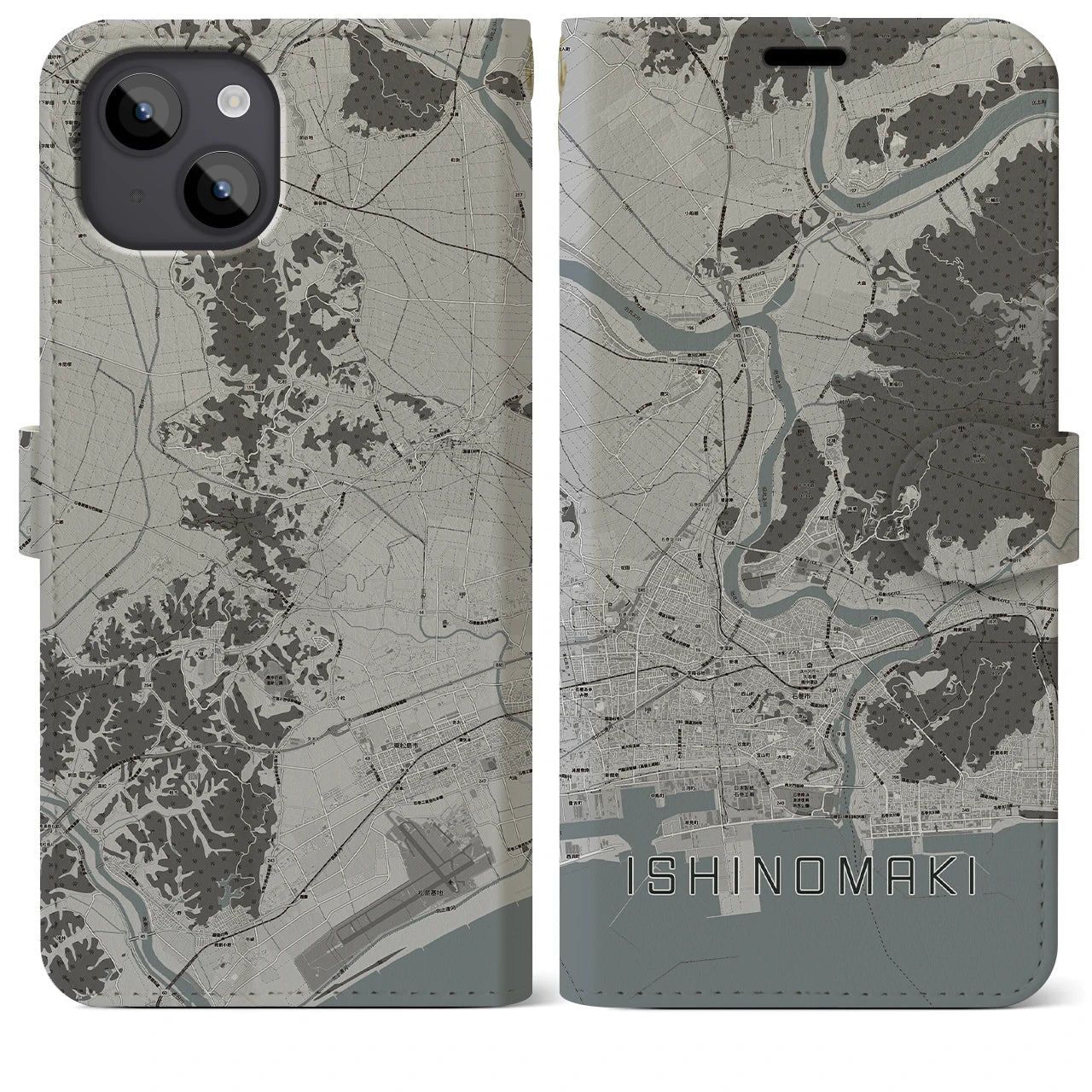 【石巻(宮城県)】地図柄iPhoneケース(手帳タイプ)モノトーン・iPhone 14 Plus 用