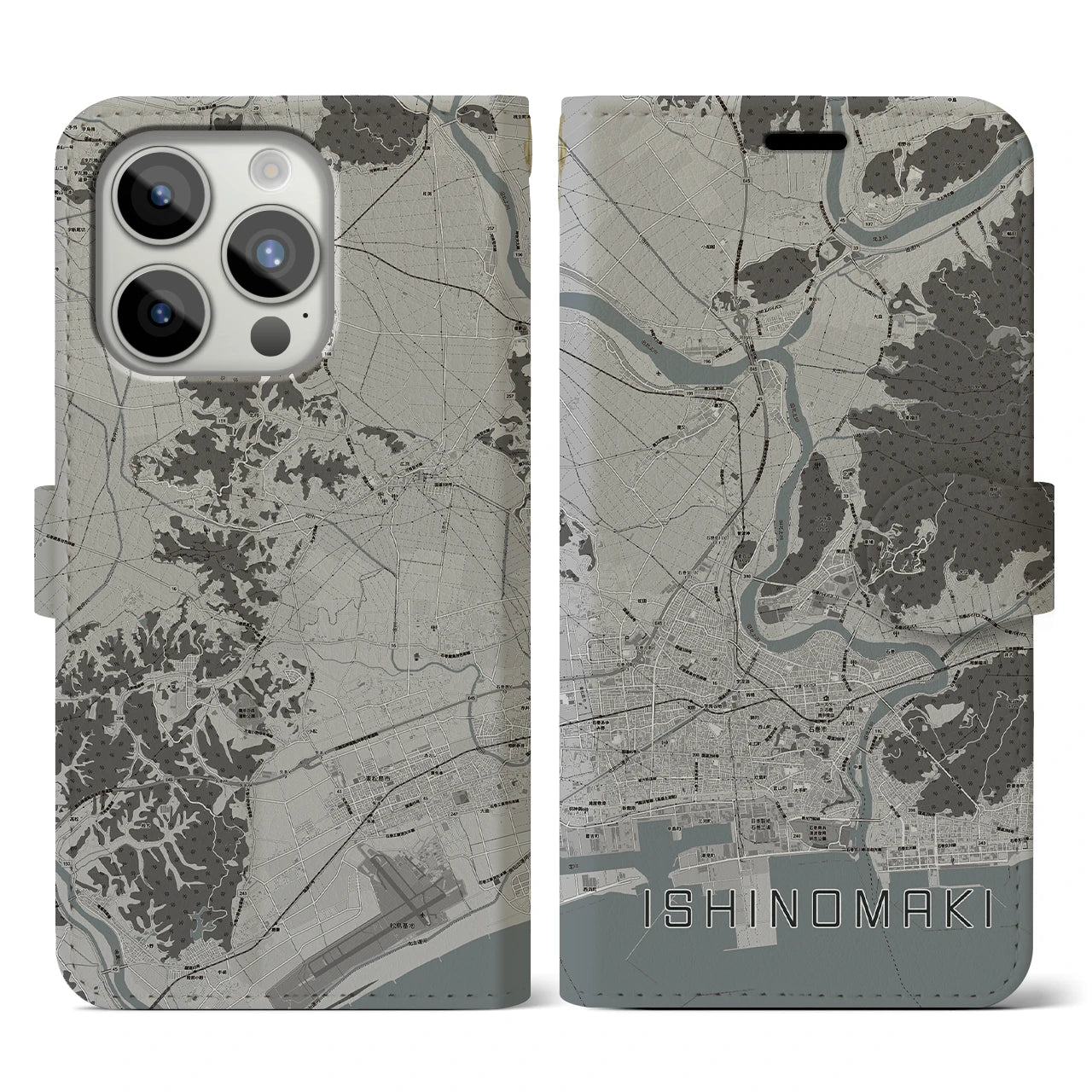 【石巻(宮城県)】地図柄iPhoneケース(手帳タイプ)モノトーン・iPhone 15 Pro 用