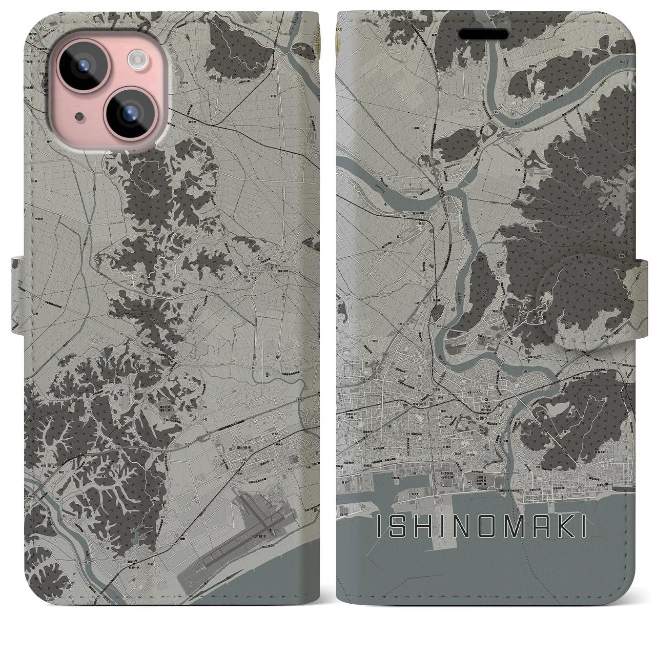 【石巻(宮城県)】地図柄iPhoneケース(手帳タイプ)モノトーン・iPhone 15 Plus 用