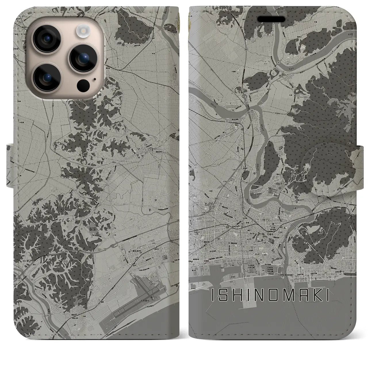 【石巻(宮城県)】地図柄iPhoneケース(手帳タイプ)モノトーン・iPhone 16 Plus 用