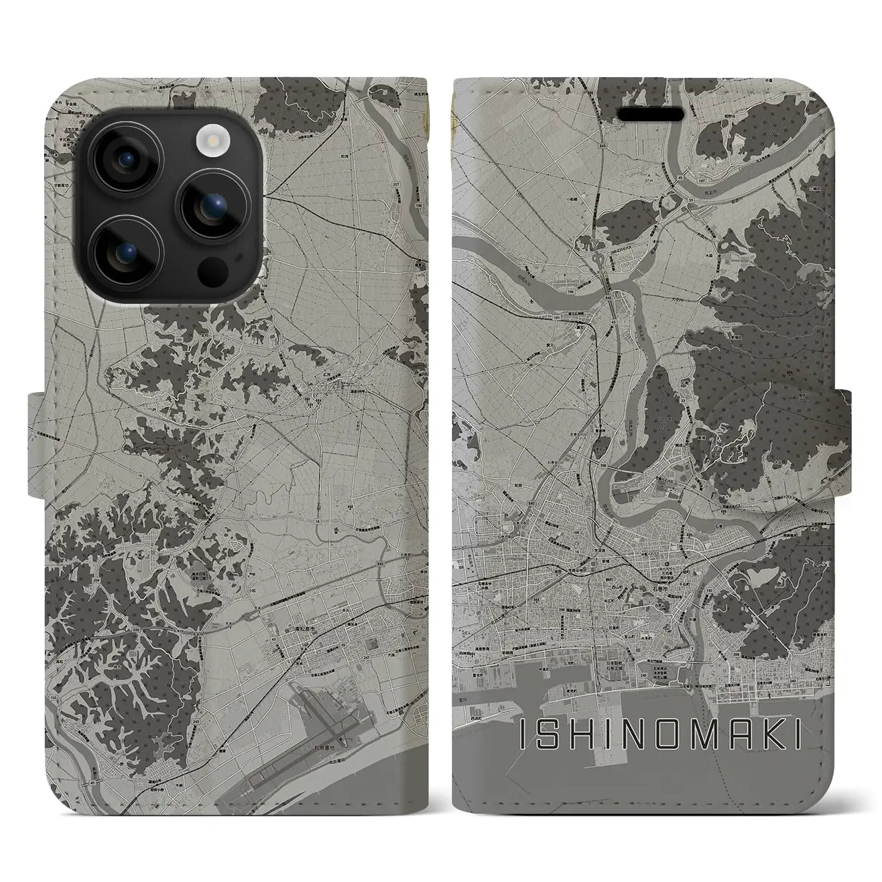 【石巻(宮城県)】地図柄iPhoneケース(手帳タイプ)モノトーン・iPhone 16 用