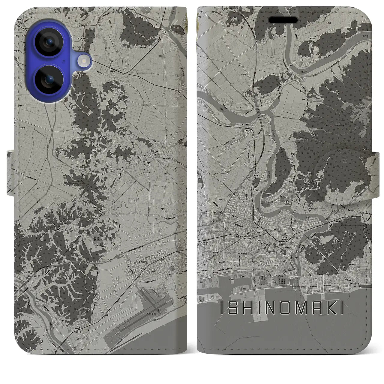 【石巻(宮城県)】地図柄iPhoneケース(手帳タイプ)モノトーン・iPhone 16 Pro Max 用