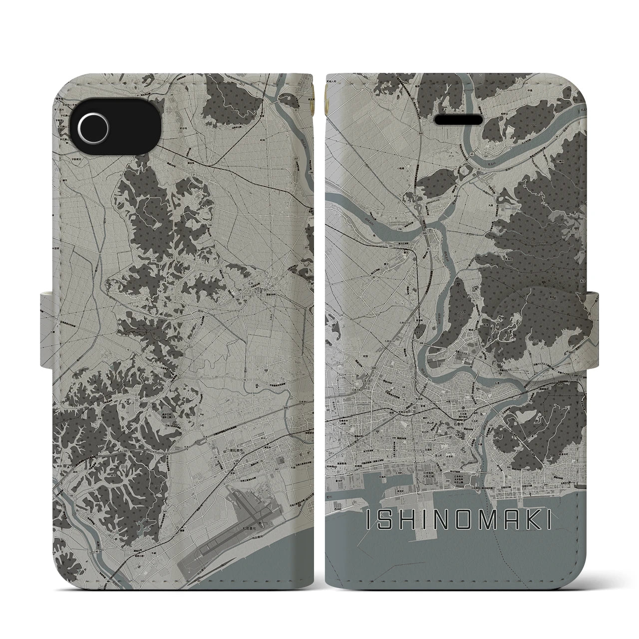 【石巻(宮城県)】地図柄iPhoneケース(手帳タイプ)モノトーン・iPhone SE(第3 / 第2世代) / 8 / 7 / 6s / 6 用