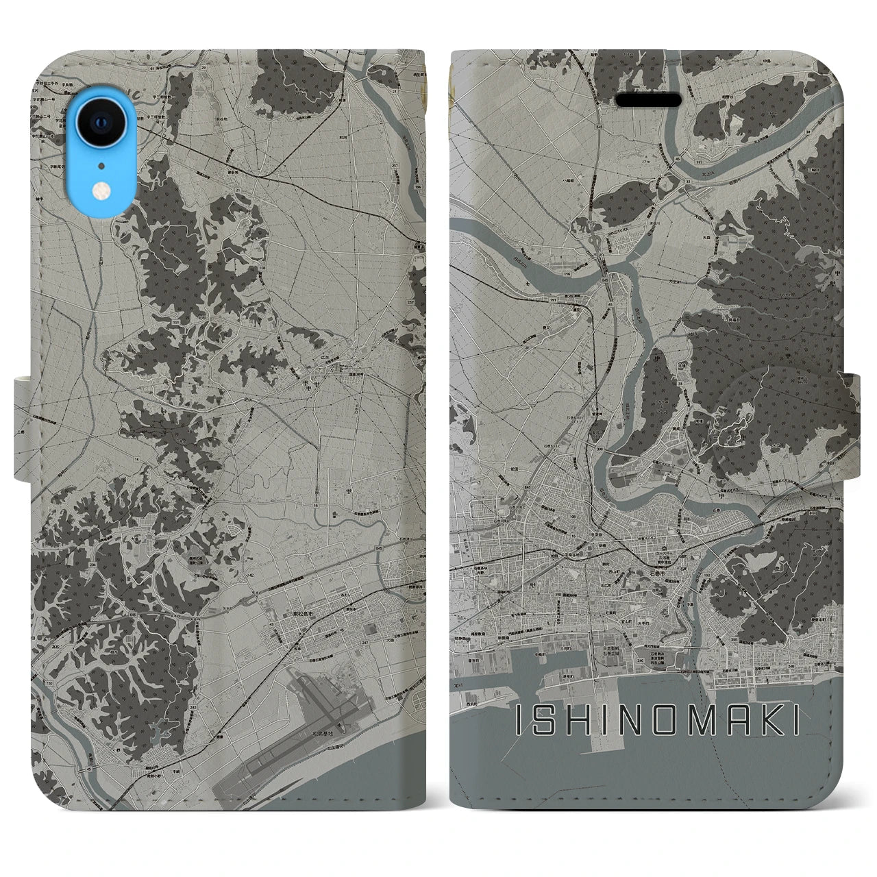 【石巻(宮城県)】地図柄iPhoneケース(手帳タイプ)モノトーン・iPhone XR 用