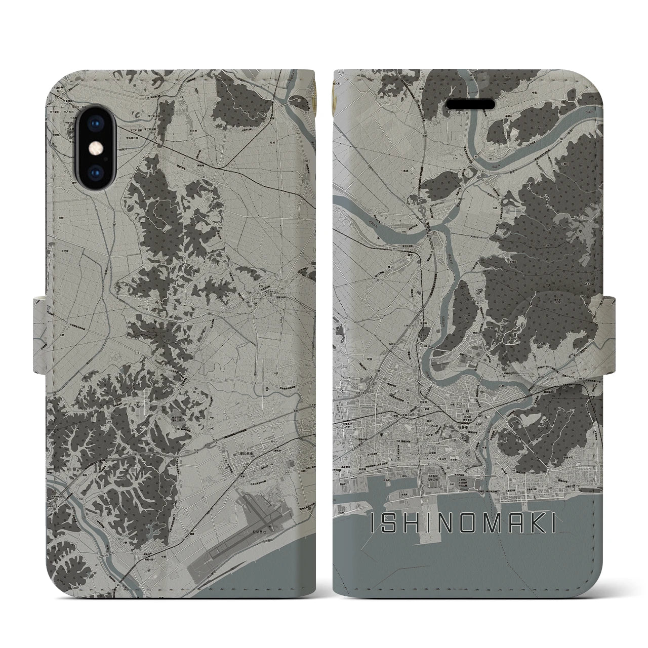 【石巻(宮城県)】地図柄iPhoneケース(手帳タイプ)モノトーン・iPhone XS / X 用