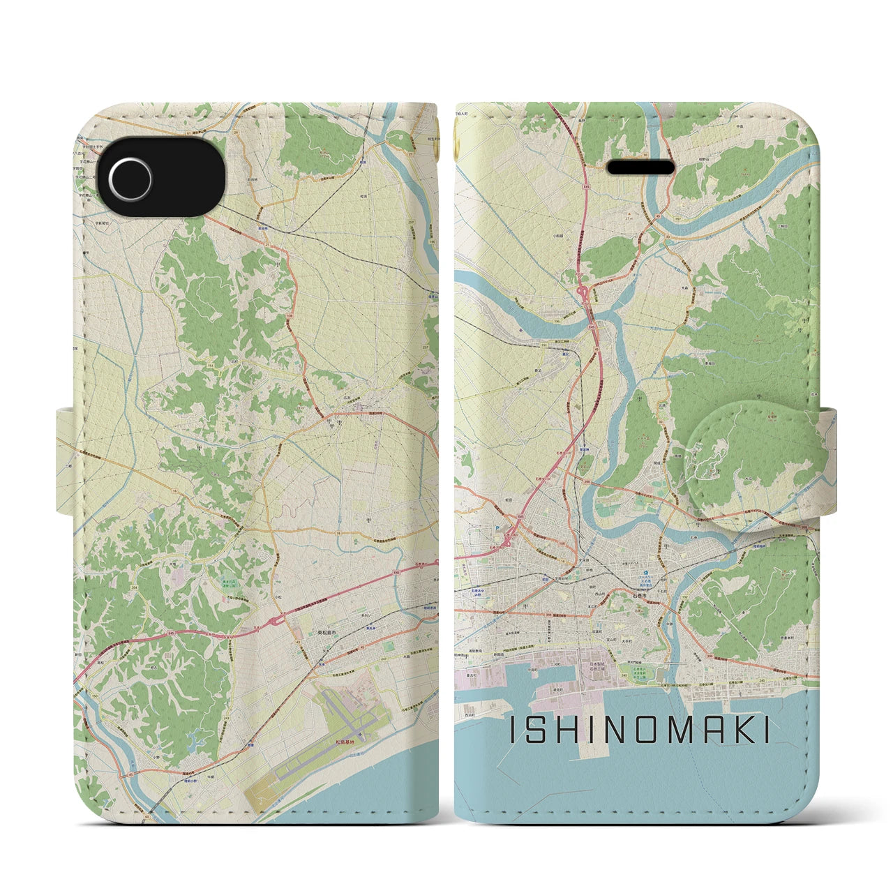 【石巻(宮城県)】地図柄iPhoneケース(手帳タイプ)ナチュラル・iPhone SE(第3 / 第2世代) / 8 / 7 / 6s / 6 用