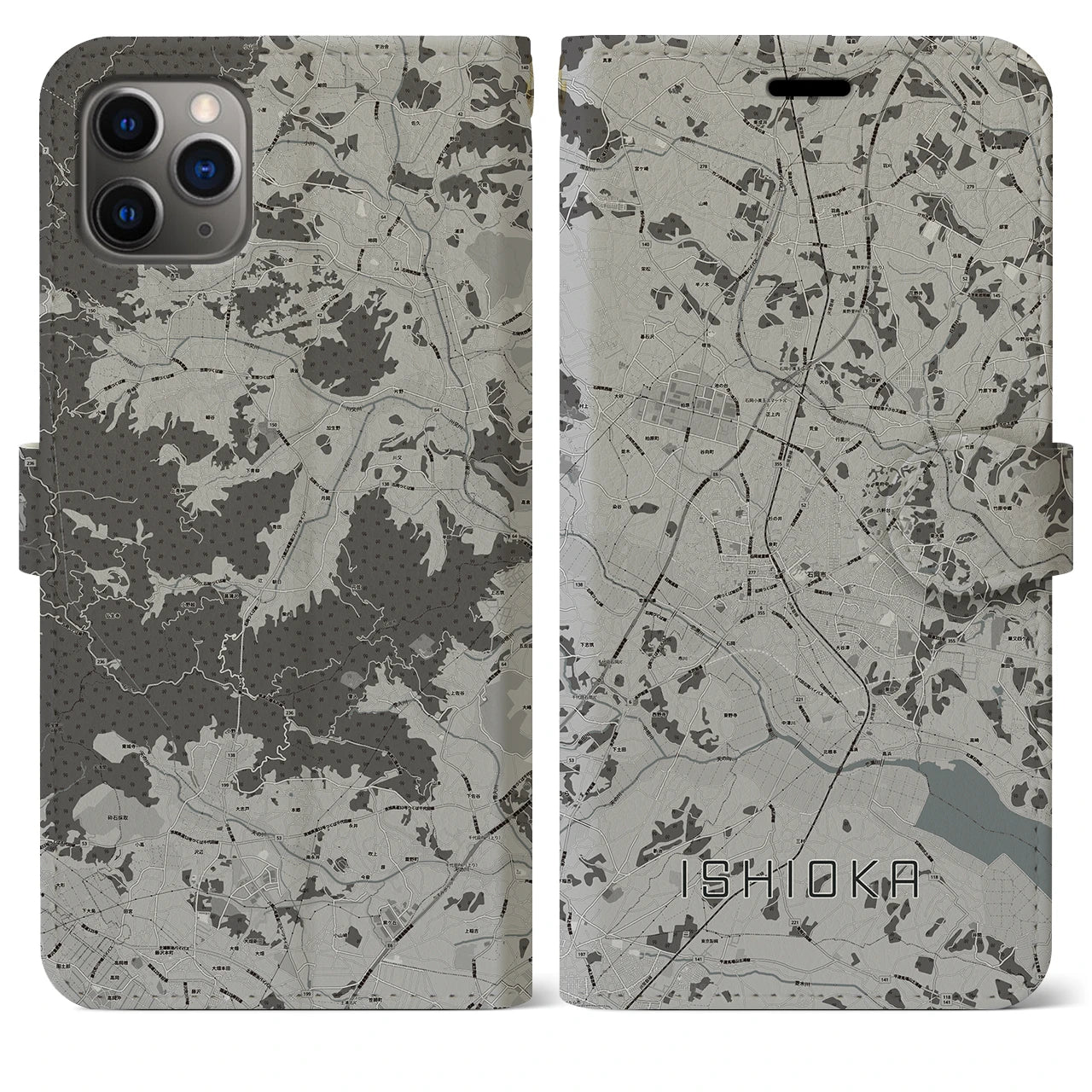 【石岡(茨城県)】地図柄iPhoneケース(手帳タイプ)モノトーン・iPhone 11 Pro Max 用