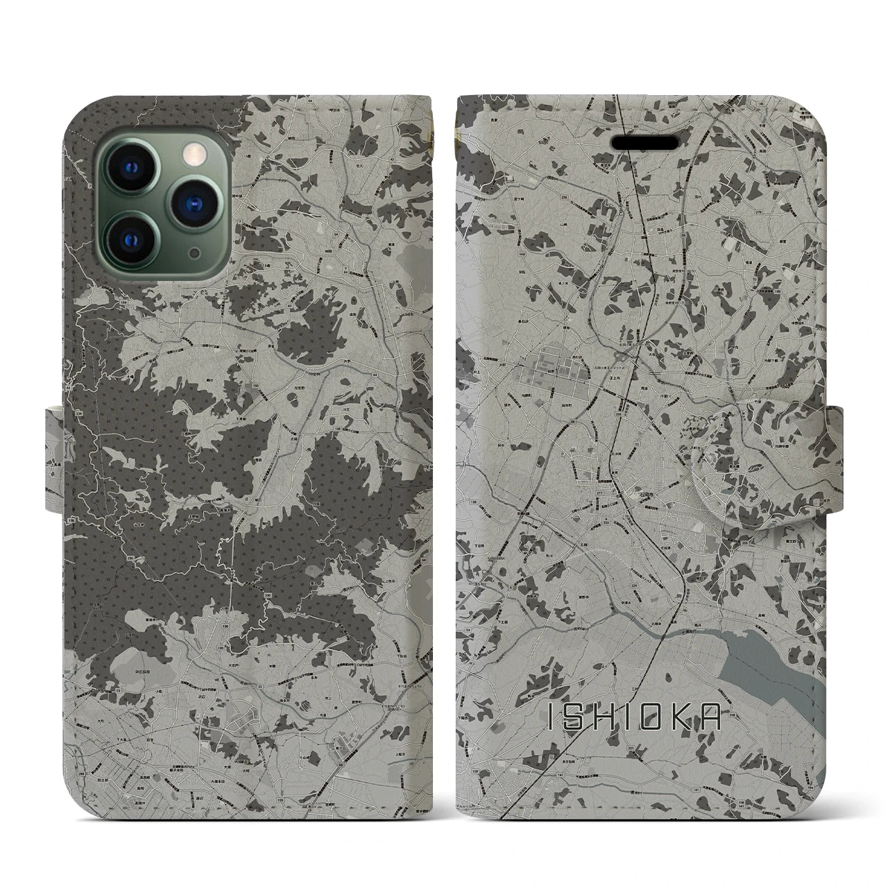 【石岡(茨城県)】地図柄iPhoneケース(手帳タイプ)モノトーン・iPhone 11 Pro 用