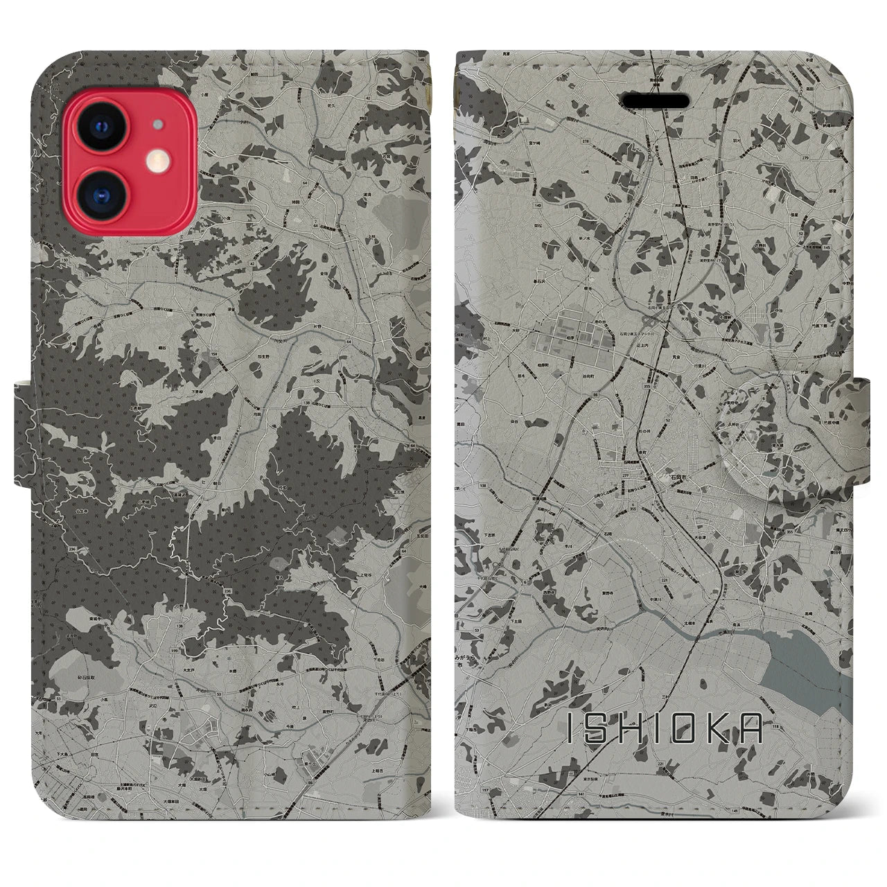 【石岡(茨城県)】地図柄iPhoneケース(手帳タイプ)モノトーン・iPhone 11 用