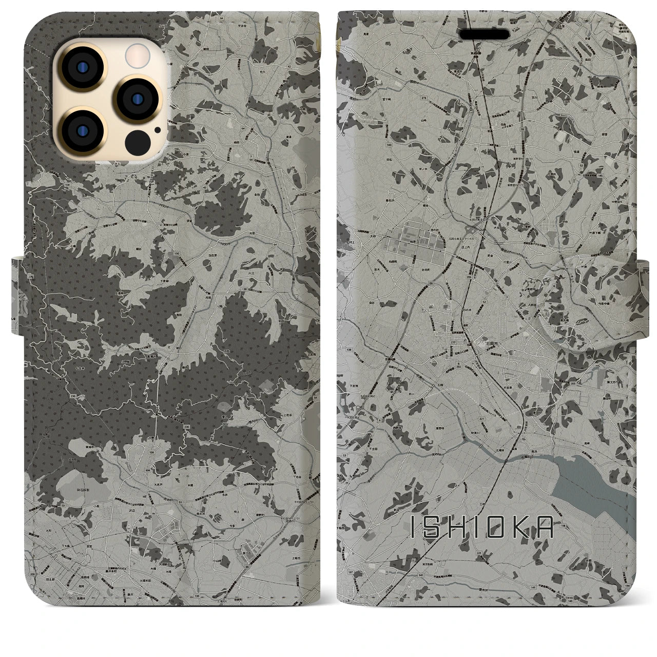 【石岡(茨城県)】地図柄iPhoneケース(手帳タイプ)モノトーン・iPhone 12 Pro Max 用