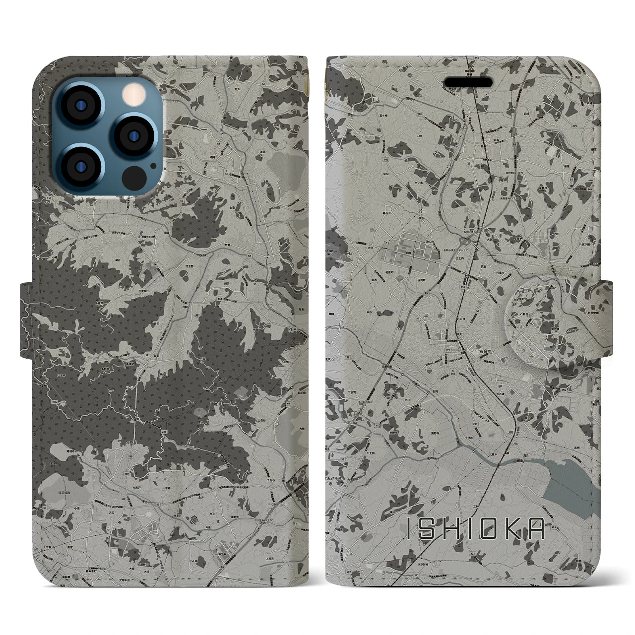 【石岡(茨城県)】地図柄iPhoneケース(手帳タイプ)モノトーン・iPhone 12 / 12 Pro 用