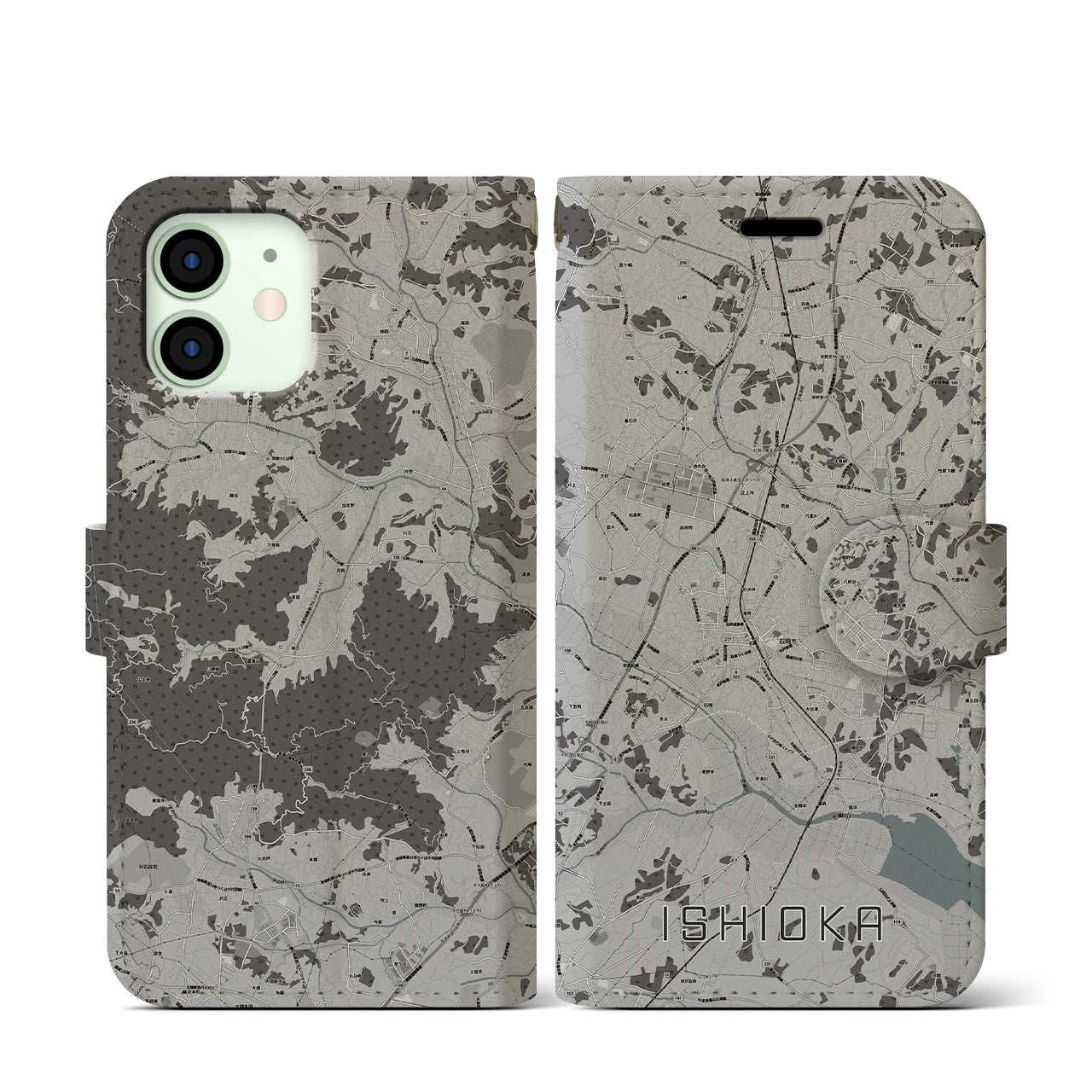 【石岡(茨城県)】地図柄iPhoneケース(手帳タイプ)モノトーン・iPhone 12 mini 用