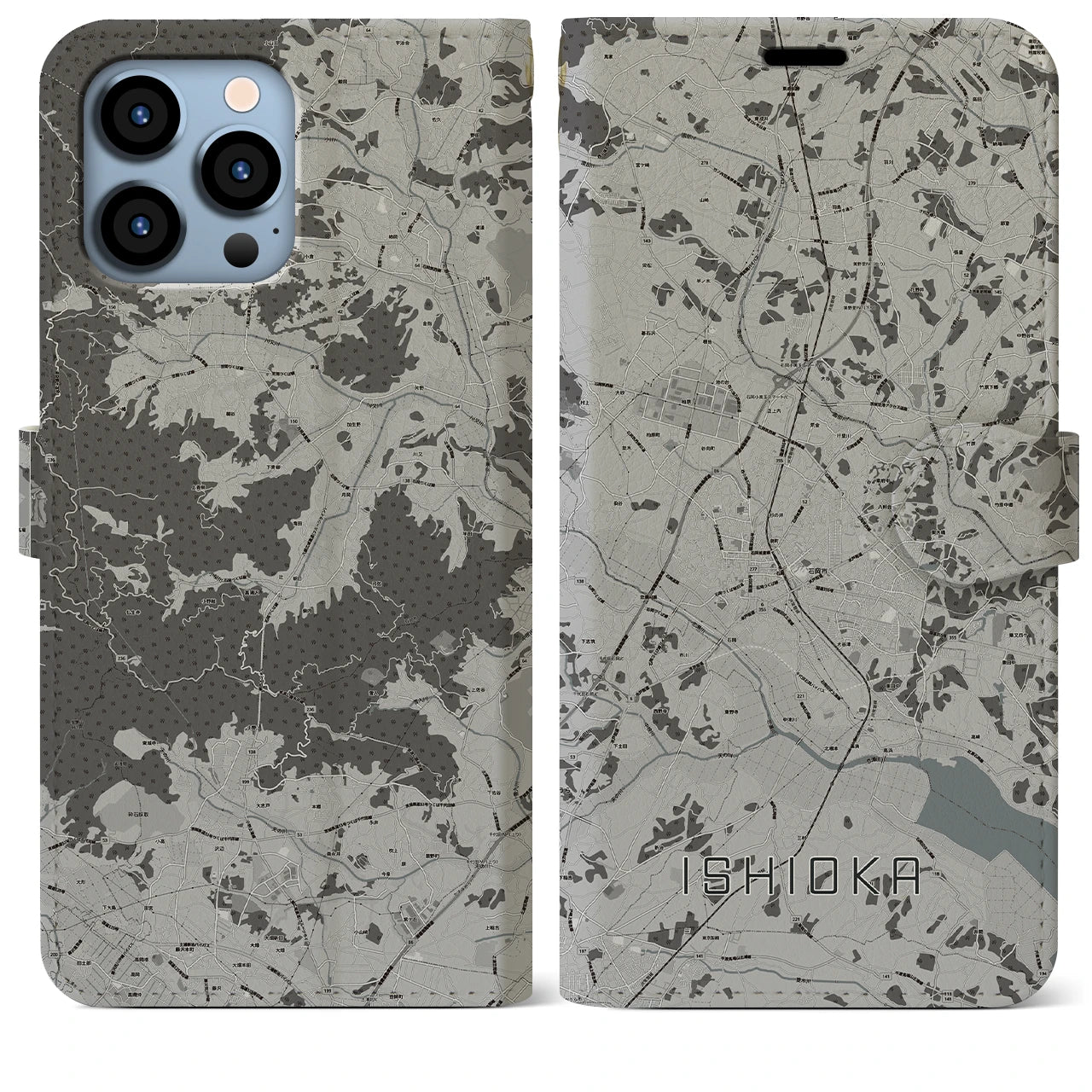 【石岡(茨城県)】地図柄iPhoneケース(手帳タイプ)モノトーン・iPhone 13 Pro Max 用