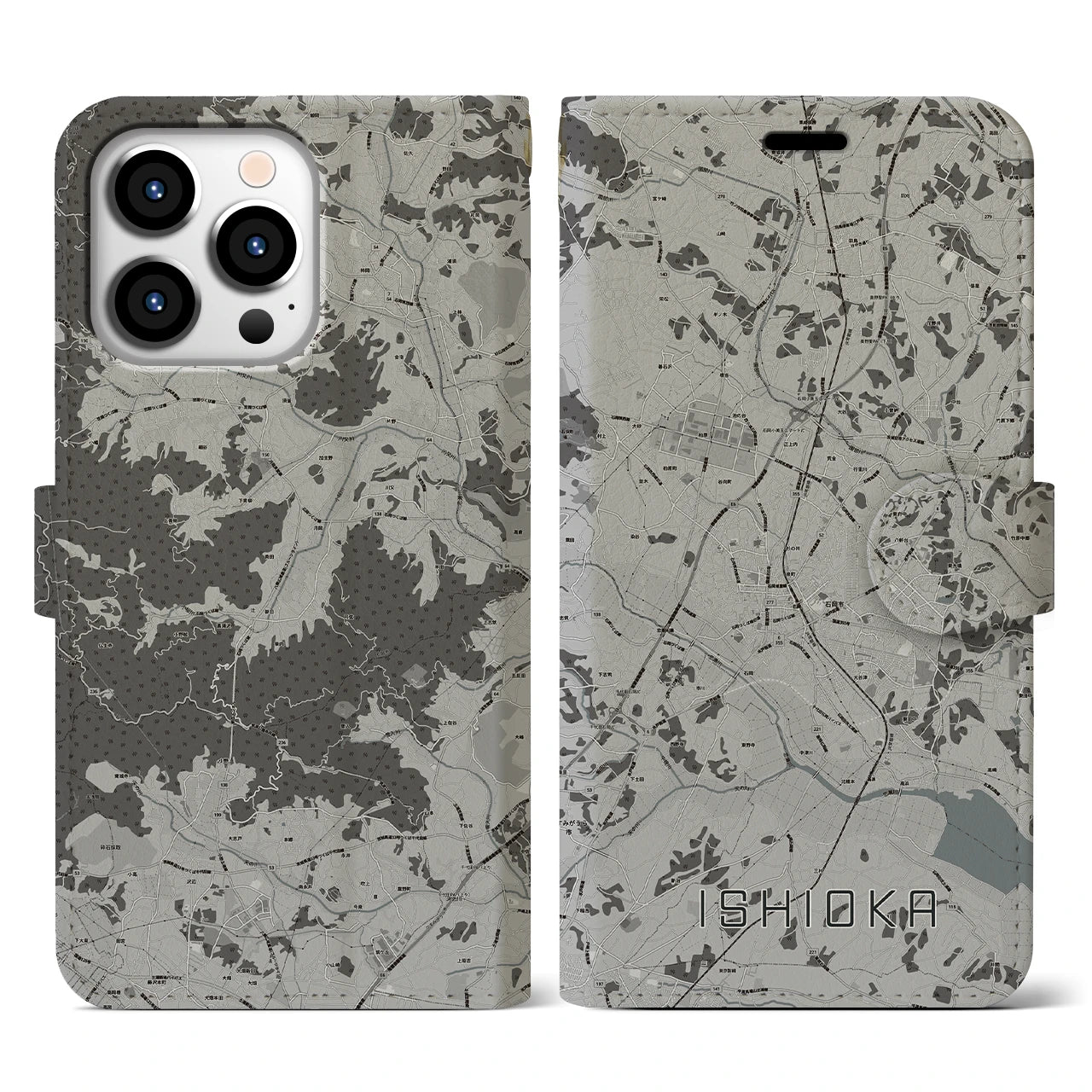 【石岡(茨城県)】地図柄iPhoneケース(手帳タイプ)モノトーン・iPhone 13 Pro 用